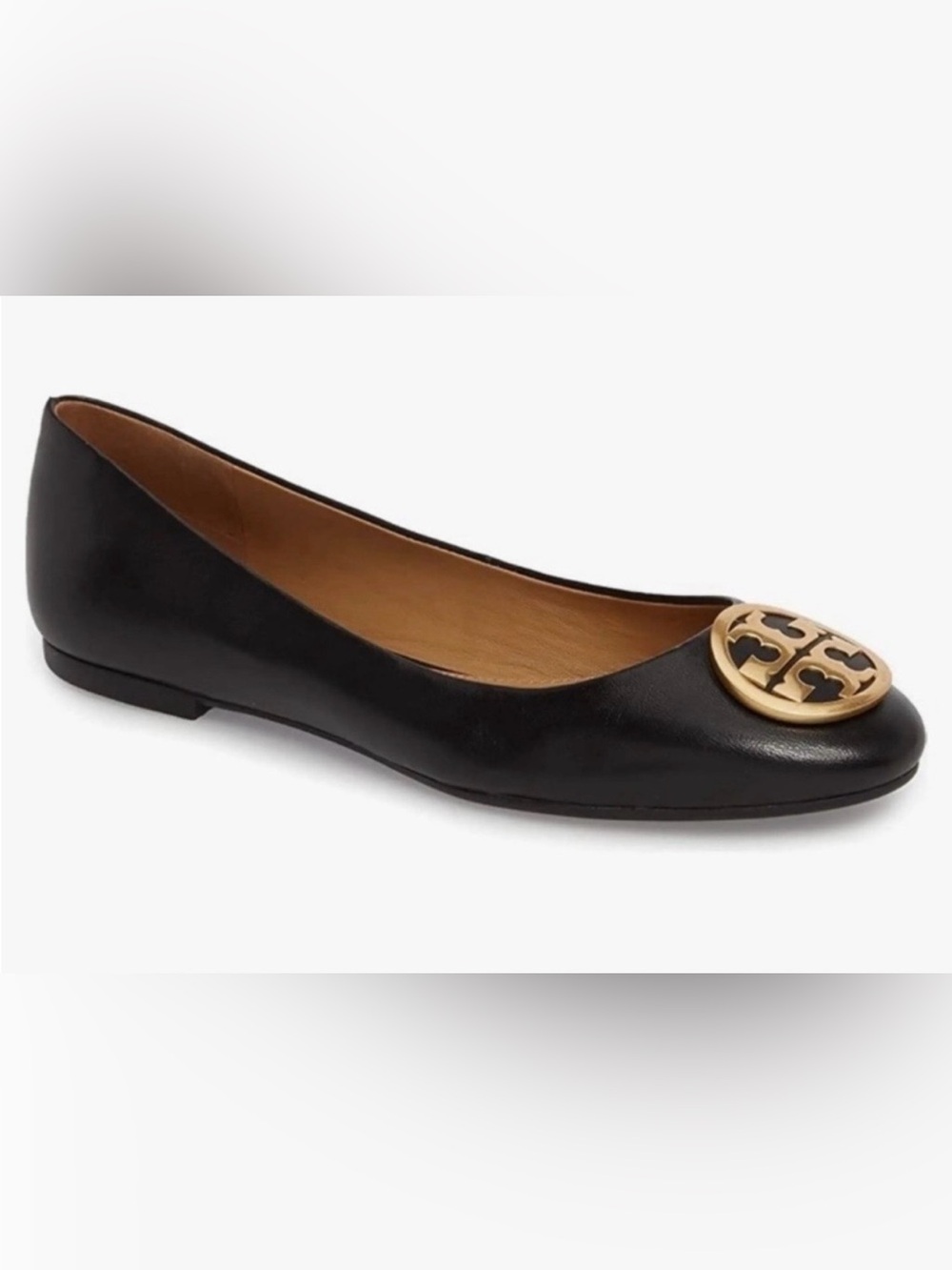 Tory Burch Black Leather Benton Ballet Flats with gold logo medallion Sz 7.5